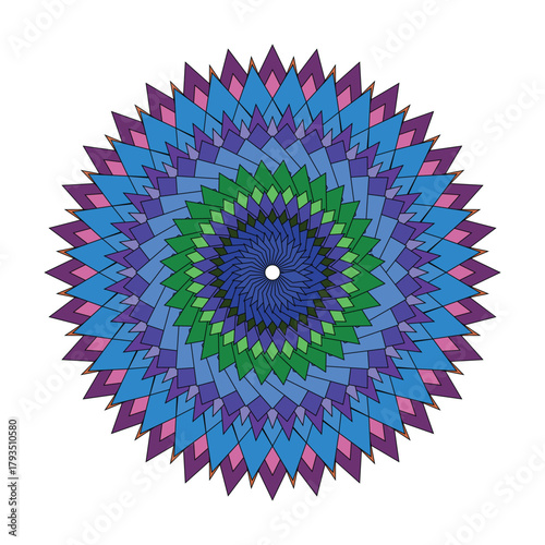 A brightly colored circular pattern composed of repeating geometric shapes