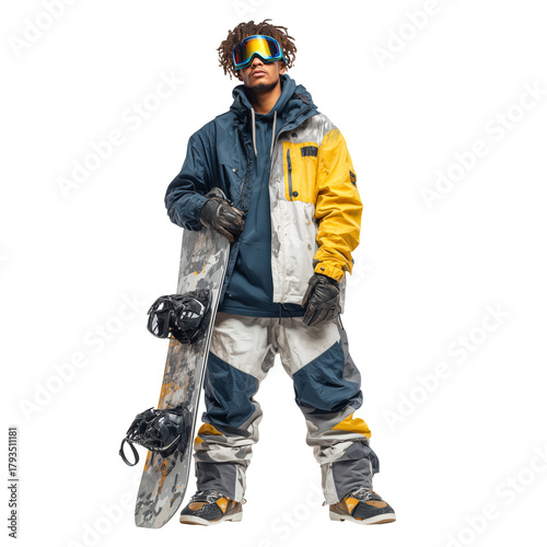 Snowboarder in Stylish Winter Gear Posing With Snowboard Indoors