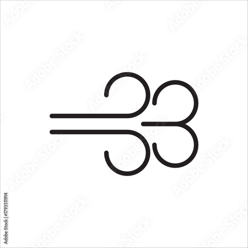 Wind icon or airflow, depicted with horizontal lines decorated with stylized gusts of wind, black and white line illustration, symbolizing weather, movement, ventilation, or speed.