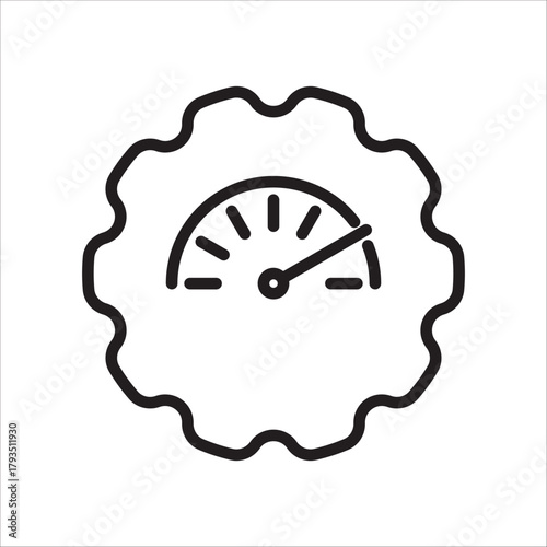 Speedometer or gauge icon, displaying high performance, black and white line illustration, surrounded by decorative gear shapes, symbolizing performance, speed, or efficiency, vector graphic element.