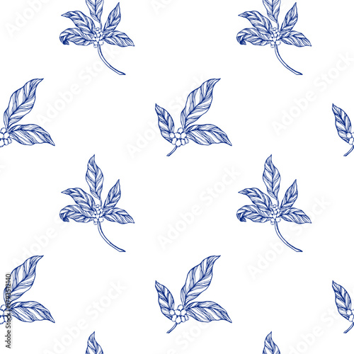 Seamless vector pattern with coffee plant branches, leaves, flowers, and berries in elegant toile de jouy style. Perfect for wallpaper, fabric, wrapping paper, coffee shop decor, and packaging design.