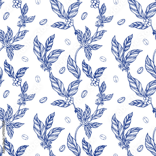 Seamless vector pattern with coffee plant branches, leaves, flowers, and berries in elegant toile de jouy style. Perfect for wallpaper, fabric, wrapping paper, coffee shop decor, and packaging design.