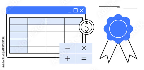 Spreadsheet window with grid cells, financial calculations, dollar icon, and blue ribbon. Ideal for finance, accounting, business, success recognition awards precision. Simple flat metaphor