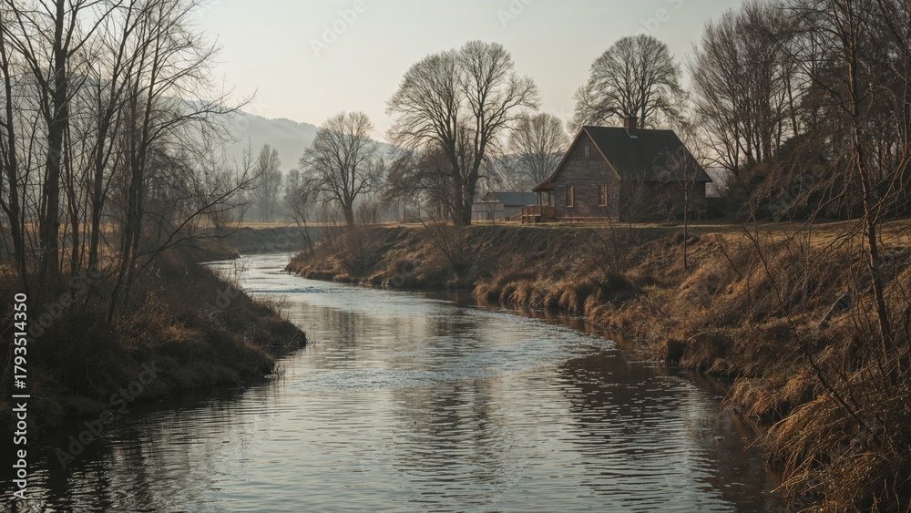 Fototapeta premium River landscape with trees, house, and hills in the background during fall or winter.