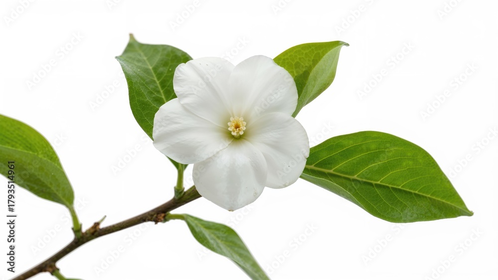 Fototapeta premium White flower on green leaves with branch branch. Nature, plant, botanical, flora. The concept of botanical beauty and natural flora.