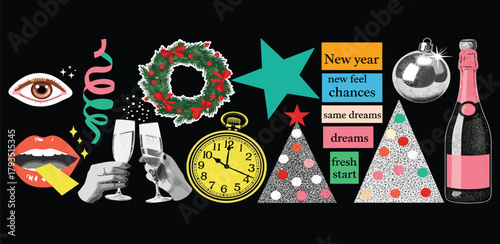 Festive New Year Collage Champagne, Ornaments, and Celebratory Elements on Black Background
