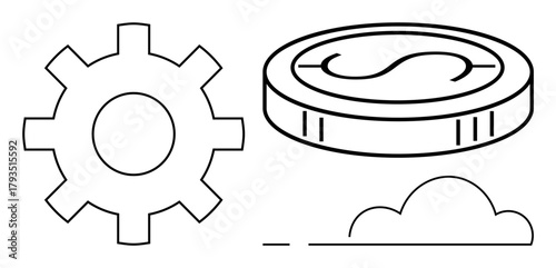 Cogwheel, coin, and cloud outline symbolize technology, financial growth, digital transformation. Ideal for business, strategy, teamwork tech finance innovation progress concepts. Simple flat