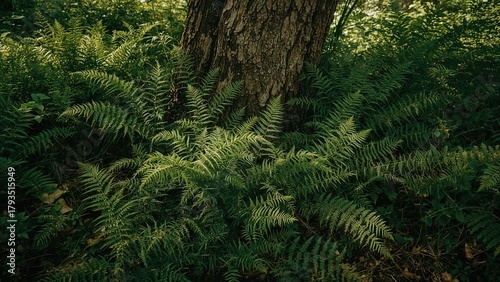A close-up view of ferns growing at the base of a tree trunk in a lush forest setting.
