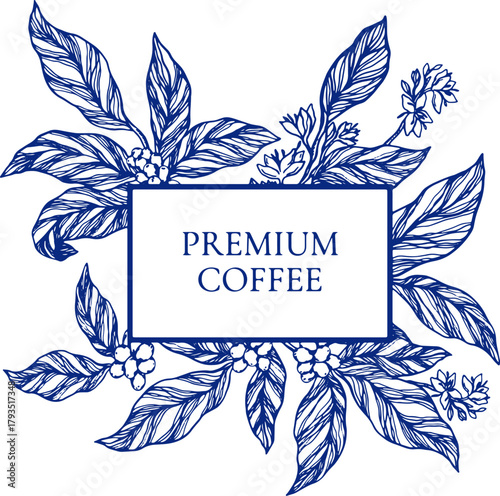 Elegant vector frame coffee plant branches, leaves, flowers, and berries in classic toile de jouy style. Perfect template for coffee packaging, label, branding, cafe menu, and premium product design.