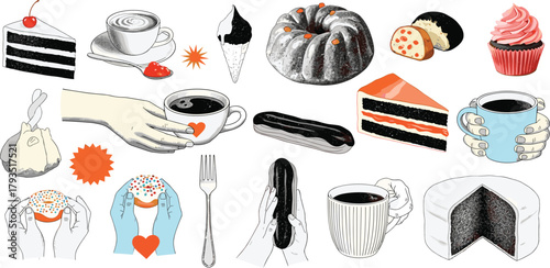 A vibrant collection of hand-drawn confectionery and coffee illustrations, featuring delectable cakes, sweet pastries, and comforting beverages for moments of pure delight