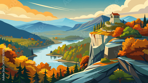 Very beautiful view overlooking Chimney Rock at Chimney Rock Mountain State Park and Lake Lure in North Carolina, United States, featuring dramatic cliffs, lush forests, and serene lake waters, captur