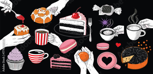 Diverse collection of graffiti-style spray paint elements, featuring a hand operating an aerosol can and various messy splatter effects for urban art designs