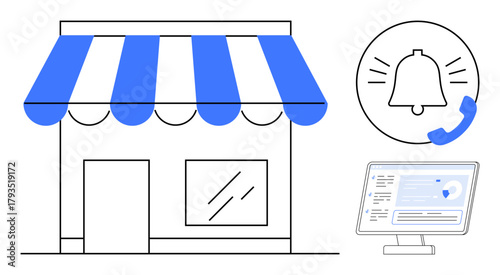 Front view of a store with blue awning, notification bell with a phone symbol, and a desktop displaying online management interface. Ideal for retail, notifications, online business, customer