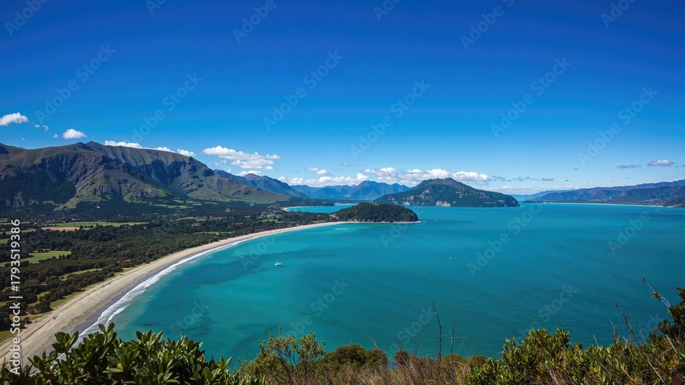Fototapeta premium Scenic view of a beach with mountains in the background and a vibrant blue sky. Nature and landscape, coastal scenery, and outdoor adventure.