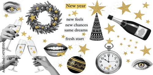 Festive New Year Celebration with Champagne, Ornaments, and Clock - A Glittering Collection of Holiday Elements