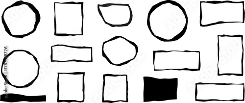 Hand drawn abstract geometric shapes collection, rough circle square and rectangle outline set, organic doodle frames, minimal vector design elements for branding and social media templates