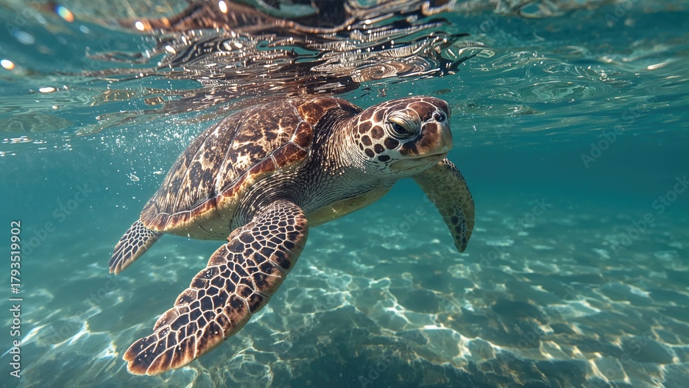 Obraz premium Turtle swimming underwater with a clear view of its shell and flippers. Ocean and marine life, concept. Underwater photography of sea turtles.