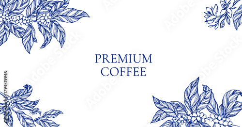 Elegant vector frame coffee plant branches, leaves, flowers, and berries in classic toile de jouy style. Perfect template for coffee packaging, label, branding, cafe menu, and premium product design.