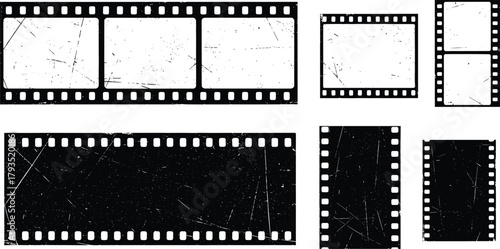 Distressed black and white film strip frames with grunge textures and perforations, perfect for vintage cinema, retro photography, and nostalgic graphic design projects
