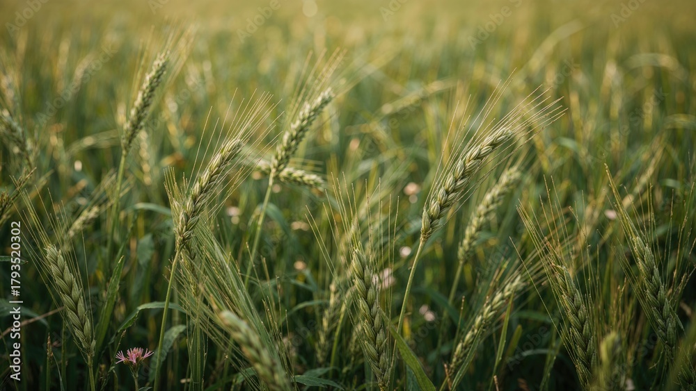Obraz premium Wheat field at sunset with green stalks and mature heads, lush and ripe for harvest. Agricultural landscape, crops, farming. The concept of agriculture and harvest.