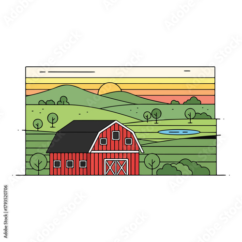 Classic American farm with red barn and hills vector landscape