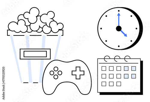 Popcorn box, gaming controller, clock, and calendar highlight leisure, entertainment, time management, and event scheduling. Ideal for recreation, productivity planning hobbies relaxation