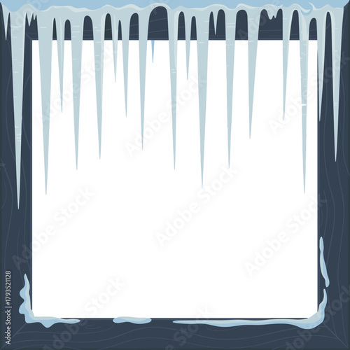 Icy window with frost and icicles in a wooden frame copy space