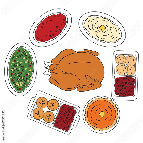 Vector illustration of a holiday dinner feast with roasted bird, pie, and assorted side dishes