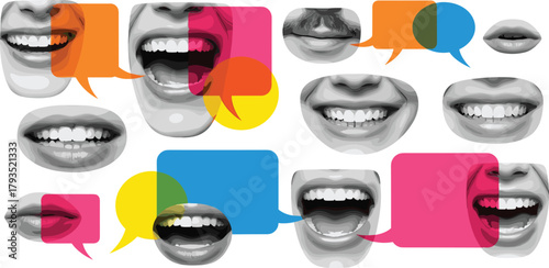 Communicating Thoughts and Ideas A Montage of Mouths and Speech Bubbles