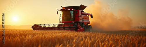 Red harvester harvests crop on field at sunset time. Machine cuts wheat in farmland. Farming equipment works. Agricultural machinery cultivates field for harvesting. Rural production industry with