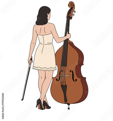 Minimalist vector illustration of an elegant woman musician in a dress holding a double bass and bow, seen from behind
