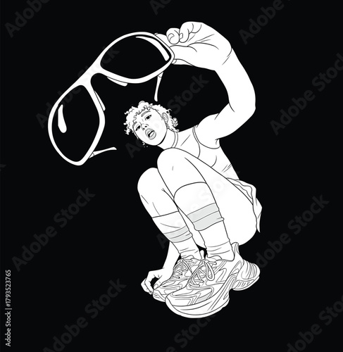 High-contrast pop art vector illustration of a cool woman in streetwear and chunky sneakers in a dynamic crouching pose