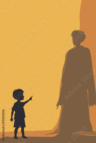 Silhouette illustration of a child pointing toward a tall shadowy figure, symbolizing fear, inner trauma, imagination, and confronting the unknown in a dramatic, emotional scene.