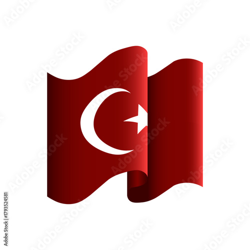 Turkish flag banner with the iconic red background, white star, and crescent moon, isolated on a white background.
