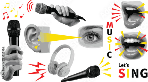 Abstract representation of sound, music, and voice with microphones, headphones, eyes, and ears, conveying auditory experience