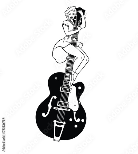 Black and white retro vector illustration of a miniature pin-up girl in a sailor outfit sitting on a giant electric guitar