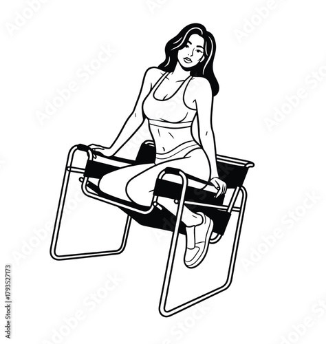 Black and white line art vector of a woman in lingerie sitting in a modern designer chair