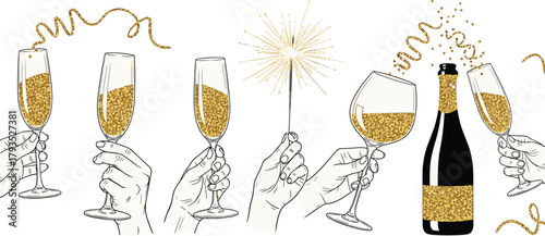 Illustrated set of festive elements including champagne toasts, a sparkling wine bottle, and a party sparkler with golden glitter