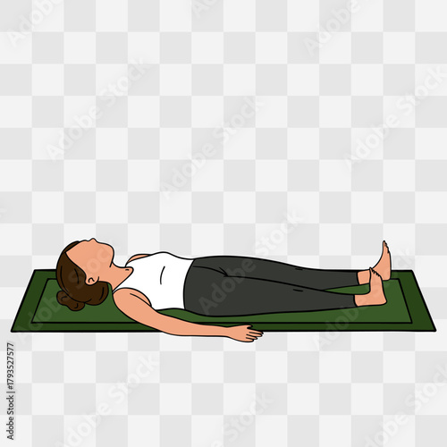 Shavasana pose. Hand-drawn illustration of a woman practicing yoga on a mat. Relaxing and mindful pose symbolizing balance, harmony, and self-care