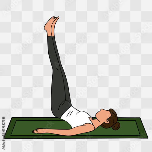 Sarvangasana pose. Hand-drawn illustration of a woman practicing yoga on a mat. Relaxing and mindful pose symbolizing balance, harmony, and self-care