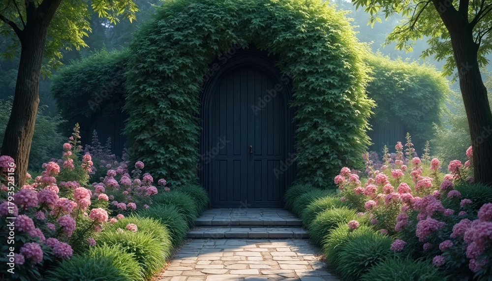 Naklejka premium Dark arched doorway in overgrown garden with pink flowers. Stone path leads to a hidden entrance surrounded by lush green ivy. Peaceful and magical nature scene.
