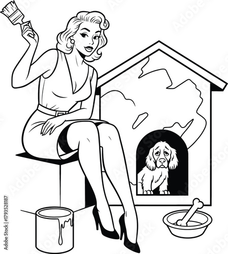 Retro comic vector illustration of a pin-up woman painting a doghouse with a sad puppy inside