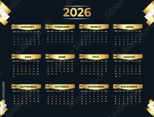 Exclusive 2026 yearly calendar and planner in stylish golden theme