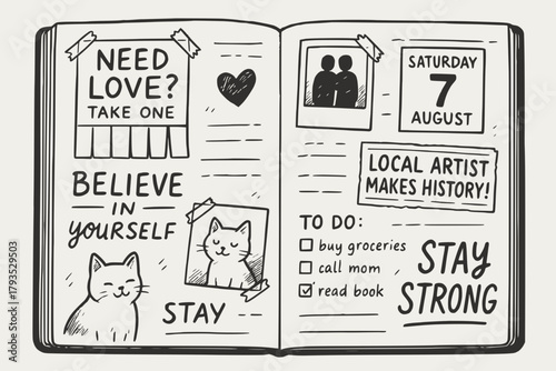 Black and White Journal Doodle with Motivational Notes and Cat Sketches