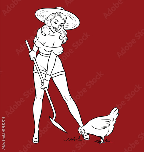 Black and white retro pin-up farmer girl in a sun hat and shorts with a chicken, vector illustration