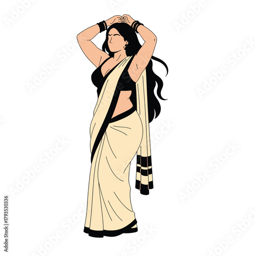 Minimalist vector illustration of a beautiful South Asian woman in a traditional cream and black saree
