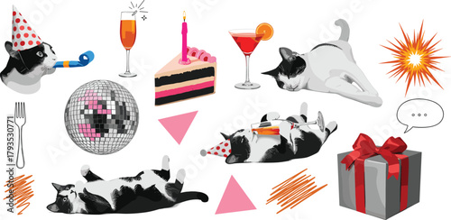A whimsical graphic set for a festive cat party, featuring illustrations of playful felines, birthday cake, gifts, drinks, and a disco ball