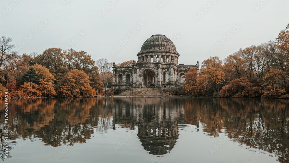 Fototapeta premium A historic building surrounded by trees with autumn foliage reflected in a river.