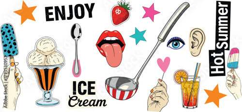 Summer fun collection of illustrations featuring ice cream, cocktails, and fun symbols