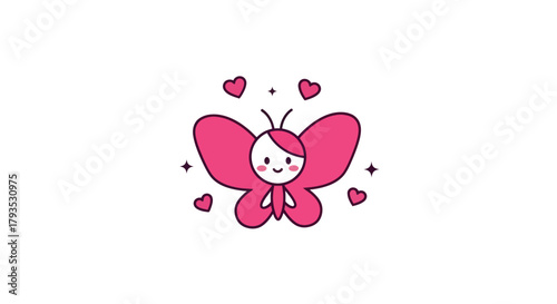 Cartoon butterfly illustration with heart shapes and sparkling stars on white background
